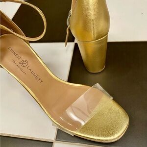 Chinese Laundry Gold & Clear Block Heels BRAND NEW With Box and Stickers
